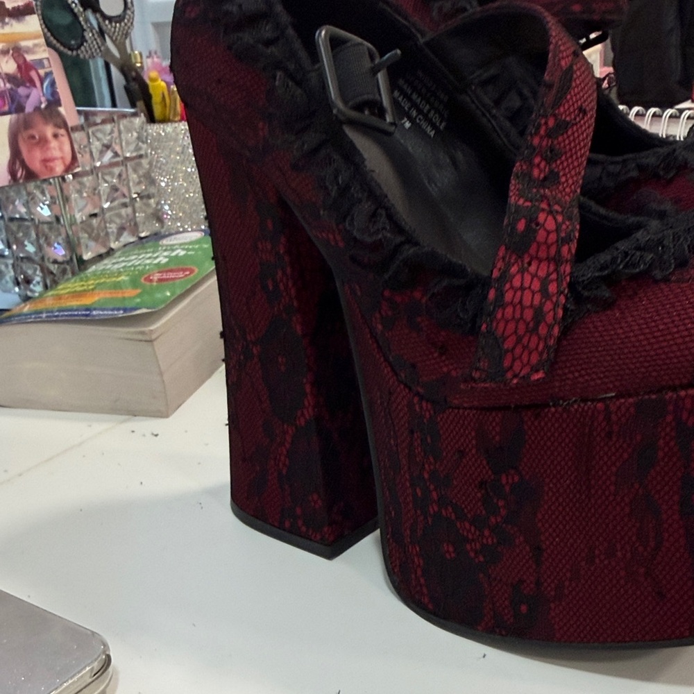 Dolls Kill Red and Black Lace Platform Heels - Picture 3 of 5